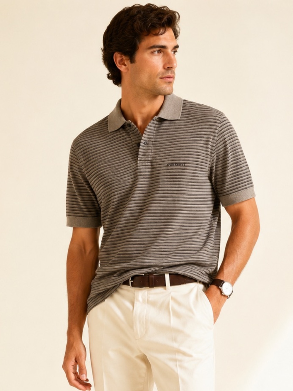 Hugo Boss Sport Striped Polo Shirt Designer Taupe Tan Greige Black Cotton Sz XL